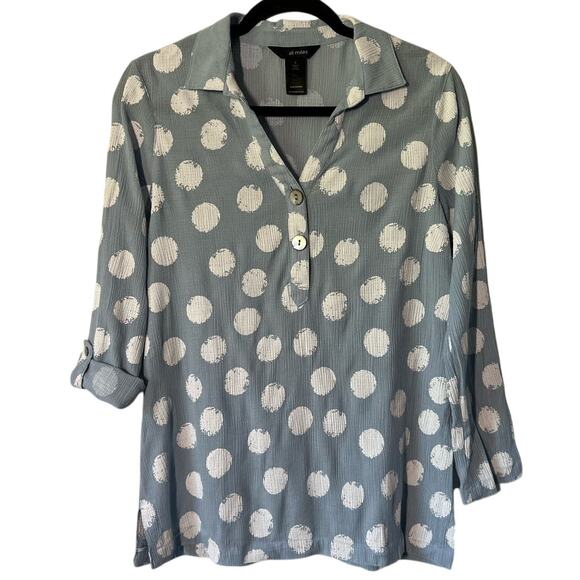 Ali Miles Size Medium Pullover Top Blouse Blue White Polka Dot Roll-Tab Sleeve - Picture 1 of 8